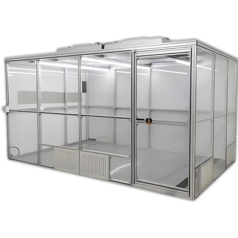 Transparent acrylic panel, static-dissipative option, lightweight modular frame, fan filter unit (FFU) ready, visible clean zone, glove port access, easy-clean surface, benchtop or floor-standing type